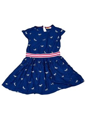 Mini Boden Girls Navy Unicorn Print Dress with Red & White Striped Waist 6-7Y